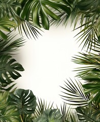 Fototapeta na wymiar Exquisite Frame of Vibrant Tropical Leaves on a Pristine White Background for Invitations, Cards, and Designs