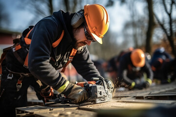 worker cutting steel, metal at work at a roof.
Builders in work clothes install new roofing tools, electric drill and use on new wooden roof with metal sheets.