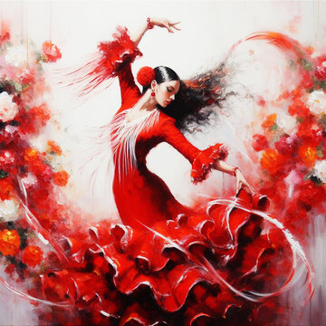 Oil painting artistic image of spanish woman dances passionate flamenco. Generative AI.	