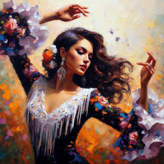 Oil painting artistic image of spanish woman dances passionate flamenco. Generative AI.	 - obrazy, fototapety, plakaty