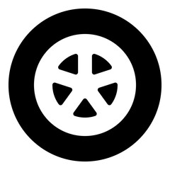 A car wheel symbol in the center. Isolated white symbol in black circle. Illustration on transparent background
