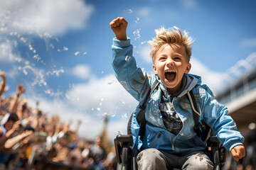 Happy disabled child in a wheelchair celebrating a victory with his fist in the air. Inspiration, overcoming and motivation for disabled children and athletes. - obrazy, fototapety, plakaty