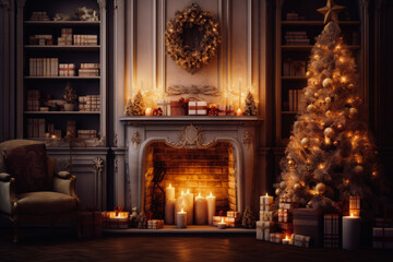 Fototapeta na wymiar Beautifully decorated living room for Christmas with a Christmas tree , warm candles and Christmas gifts.