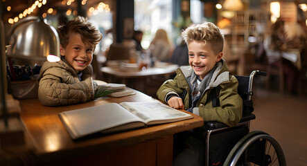 Paraplegic or disabled child in a wheelchair studying in the library or school with a book with a friend. Integrity and equality with disabled children.