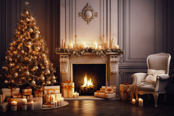 Beautifully decorated living room for Christmas with a Christmas tree , warm candles and Christmas gifts.