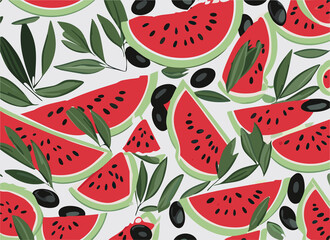 Pattern of water melon, olive leaves and fruits.