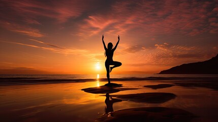 Silhouette of a person practicing yoga on a serene beach at sunset