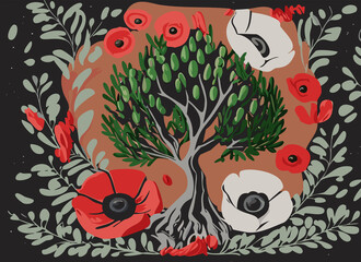 Abstract olive tree surround by poppy and anemone flowers.