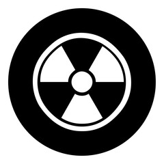 A radiation symbol in the center. Isolated white symbol in black circle. Vector illustration on white background