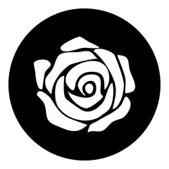 A rose in the center. Isolated white symbol in black circle. Vector illustration on white background