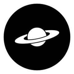 A saturn symbol in the center. Isolated white symbol in black circle. Illustration on transparent background