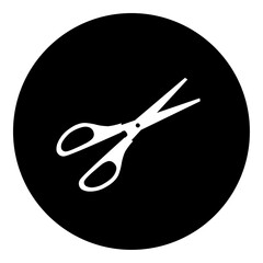 A scissors symbol in the center. Isolated white symbol in black circle. Vector illustration on white background