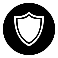 A shield symbol in the center. Isolated white symbol in black circle. Illustration on transparent background