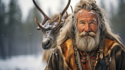 Sami man with arctic reindeers in background,A Swedish Sami reindeer herder in traditional clothing - obrazy, fototapety, plakaty
