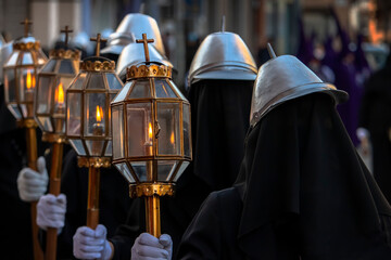 Group of people with black uniforms standing in a row and holding torches during the Holy Week