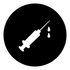 A syringe symbol in the center. Isolated white symbol in black circle. Illustration on transparent background