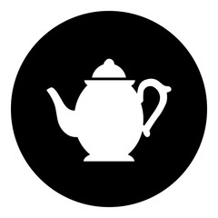 A teapot in the center. Isolated white symbol in black circle. Illustration on transparent background