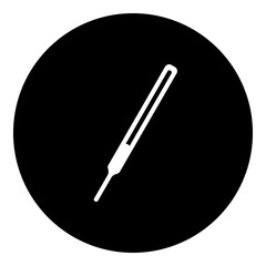 A thermometer symbol in the center. Isolated white symbol in black circle. Illustration on transparent background