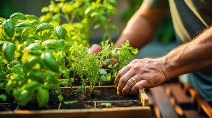 Naklejka na ściany i meble Hands planting herbs in a small balcony garden, eco-friendly concept, Urban Gardening