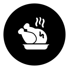 A roasted turkey in the center. Isolated white symbol in black circle. Vector illustration on white background