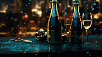 Coupes de champagne et bouteille, célébration et fête. Couleurs bleu, doré, noir. Ambiance festive, nouvel an, anniversaire. Espace vide pour conception et création graphique. - obrazy, fototapety, plakaty