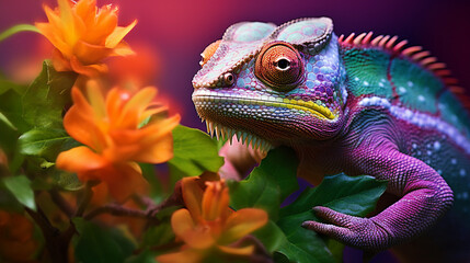 Chameleon on Flower - Colorful Reptile in Nature Close-Up