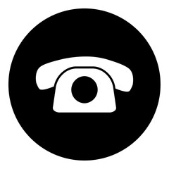A vintage telephone symbol in the center. Isolated white symbol in black circle. Vector illustration on white background
