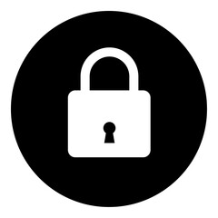 A padlock symbol in the center. Isolated white symbol in black circle. Vector illustration on white background
