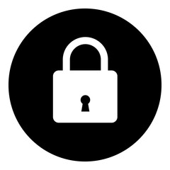 A padlock symbol in the center. Isolated white symbol in black circle. Illustration on transparent background