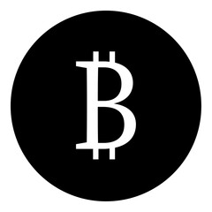 A bitcoin symbol in the center. Isolated white symbol in black circle. Vector illustration on white background