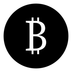 A bitcoin symbol in the center. Isolated white symbol in black circle. Illustration on transparent background