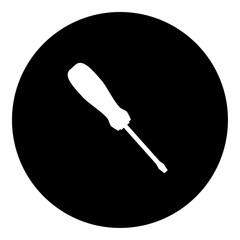 A screwdriver symbol in the center. Isolated white symbol in black circle. Vector illustration on white background