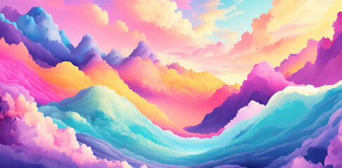 illustrazione di coloratissimo paesaggio di nubi che ricordano monti e colline - obrazy, fototapety, plakaty
