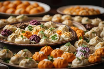 a plate of dumplings with different fillings from different dough