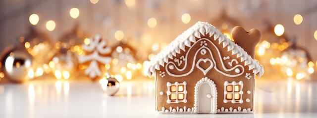Christmas gingerbread house decoration on white background of defocused golden lights. Christmas wide banner backdrop adorned with holiday decorations and the soft shimmer