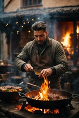 man cooking on a fire