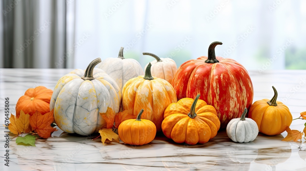 Poster a group of pumpkins sitting next to each other on a marble counter top in front of a curtained windo