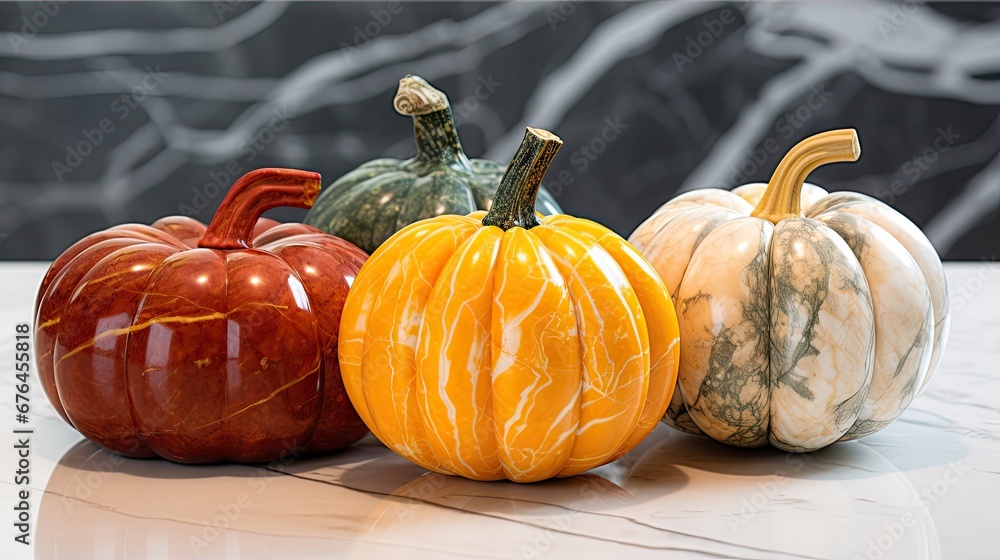 Poster a group of four pumpkins sitting on top of a table next to each other on top of a table. generative 