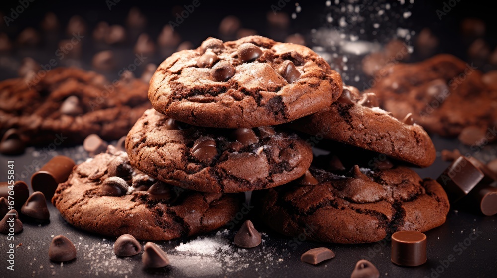 Poster a pile of chocolate chip cookies on top of a table with chocolate chips scattered on the table and o