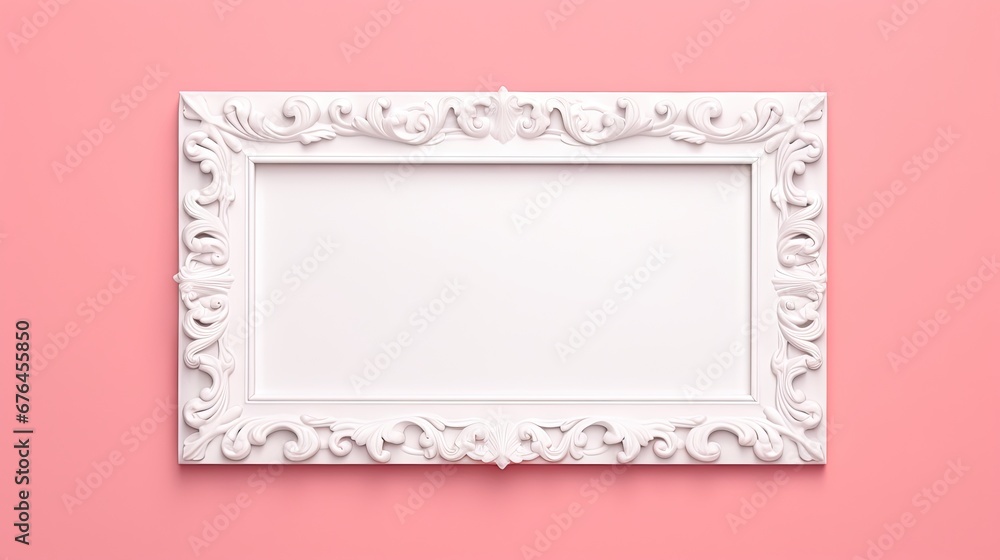 Poster a white frame on a pink wall with an empty space for a picture or a text on the bottom of the frame.