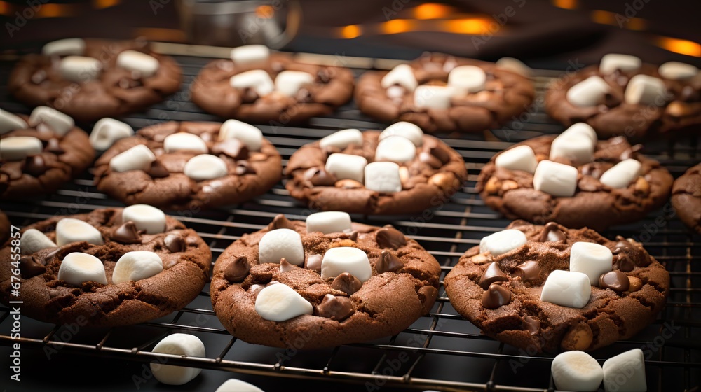 Poster a cooling rack filled with chocolate cookies and marshmallows on top of a black counter top with a g