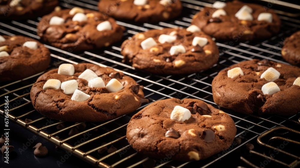 Poster a close up of chocolate cookies with marshmallows on a cooling rack with other cookies in the backgr