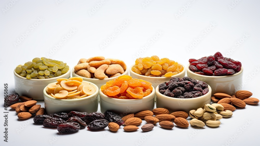Poster a group of bowls filled with different types of nuts and raisins next to each other on a white surfa
