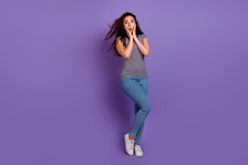 Full body photo of astonished woman hands touch cheeks surprised crazy breaking news impressed reaction isolated on purple color background - obrazy, fototapety, plakaty