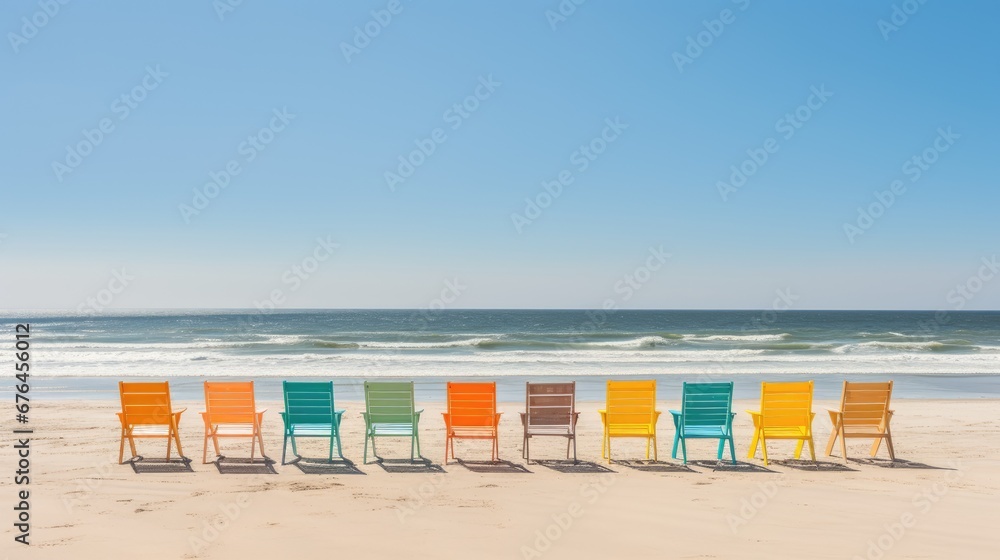 Poster a row of colorful chairs sitting on top of a sandy beach next to a wave crashing in to the ocean. ge