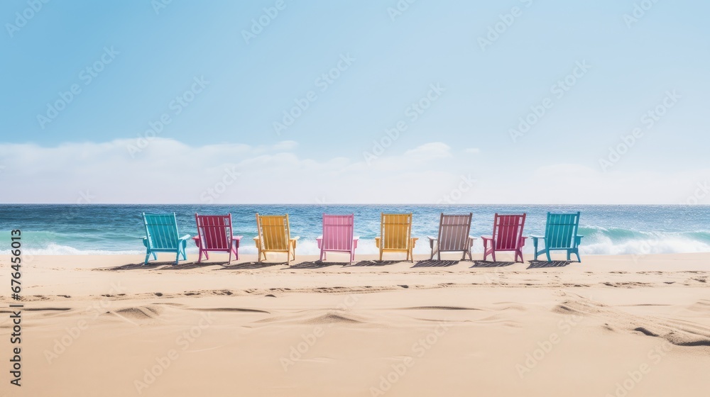 Poster a row of colorful beach chairs sitting on top of a sandy beach next to a wave crashing in the ocean.