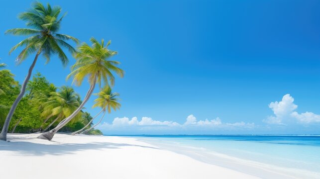  a white sandy beach with palm trees on the shore and a blue sky with clouds in the backgroud.  generative ai