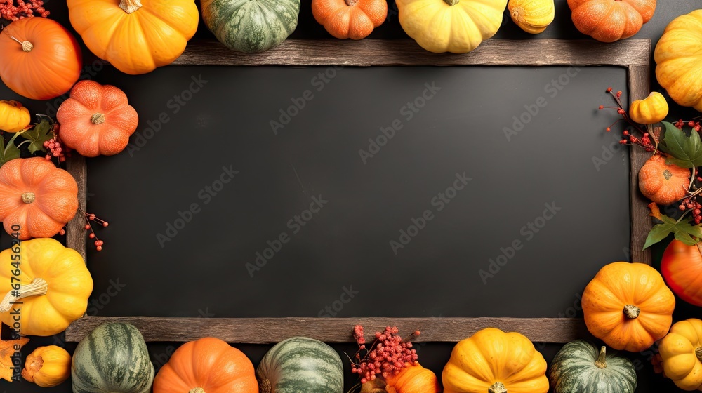 Poster a blackboard surrounded by pumpkins and gourds on a dark background with space for a text or image. 