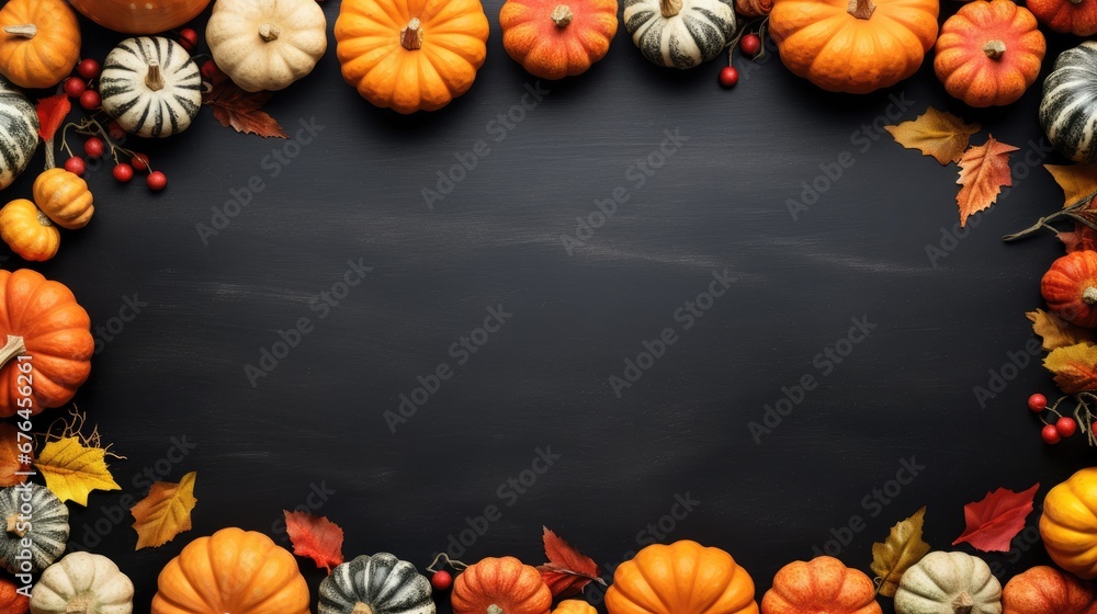 Poster a group of pumpkins and gourds arranged in the shape of a rectangle on a black background. generativ