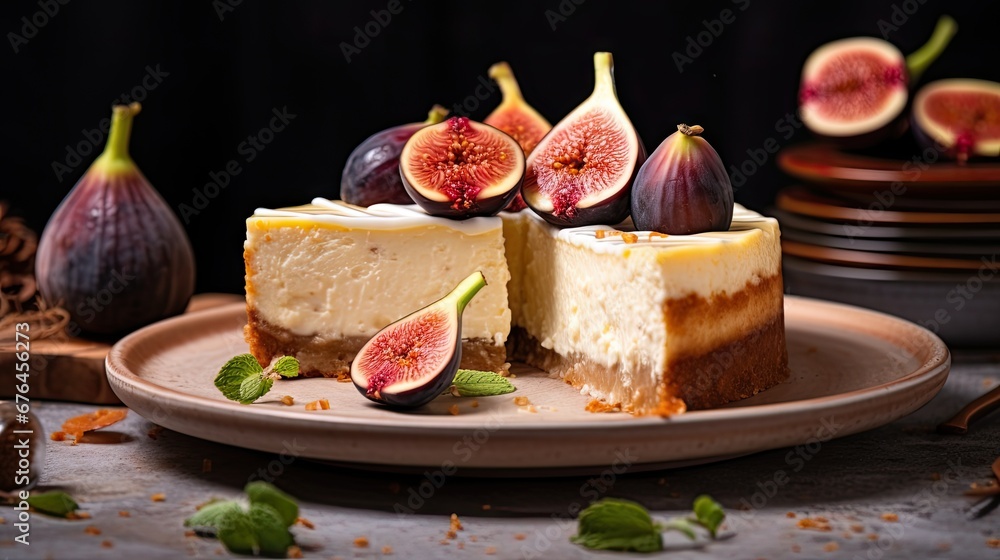 Poster a slice of cheesecake on a plate with figs on the side and a slice cut out of it. generative ai